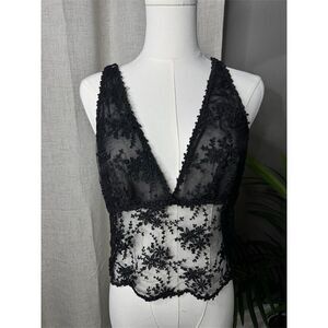 Vtg Flora Nikrooz Black Lace Whimsigoth Embroidered‎ Sheer Lingerie Top Medium